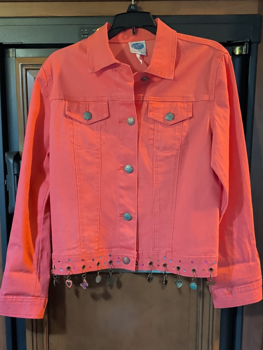 Diane Gilman Coral Pink Denim Jacket with Heart Charms
